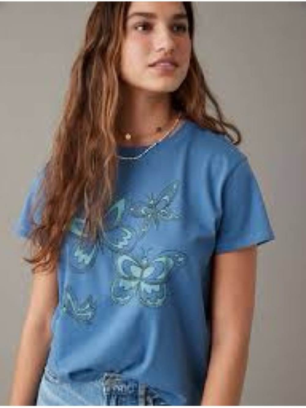 American Eagle Blue Butterfly Graphic Tee - Women's Casual Top